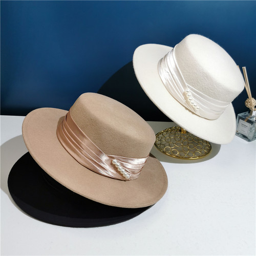 法式复古羊毛平顶礼帽绸缎赫本女