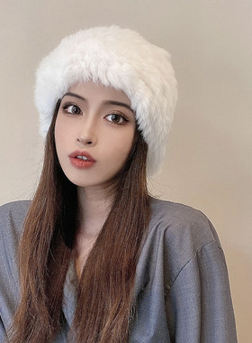 秋冬手工帽子女真兔毛毛线帽皮草包头帽保暖弹力毛绒针织帽护耳帽