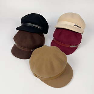 八角帽女秋冬新款小皮带金属扣装饰复古羊毛呢南瓜帽鸭舌帽马术帽