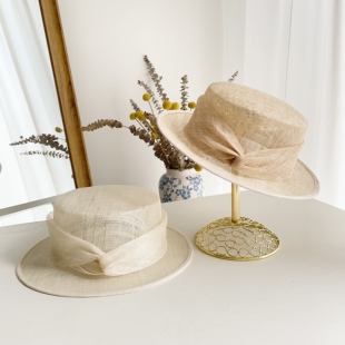 草帽女夏季麻纱帽子高级感轻奢名媛礼帽法式蝴蝶结度假海边遮阳帽