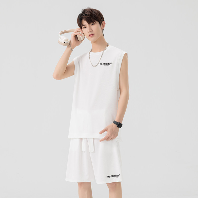 男款夏季青少年休闲运动冰丝篮球服薄款宽松无袖简约T恤套装