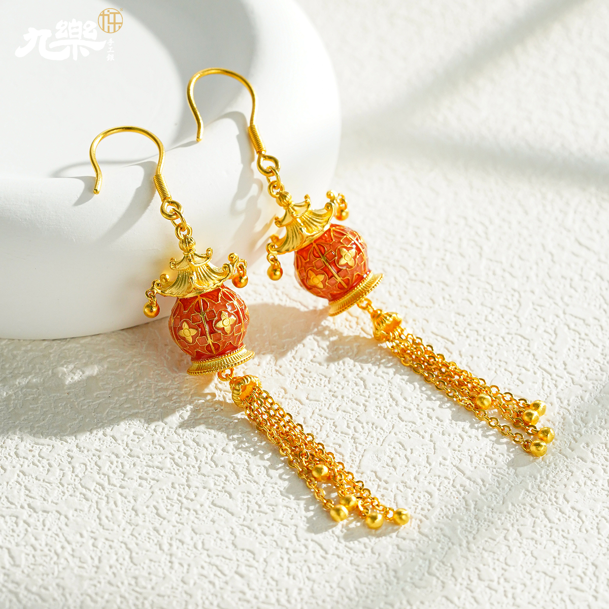足银999金色珐琅花丝宫灯耳环
