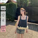 JINLI锦里'张慧雯同款'法式设计感花朵吊带背心牛仔套装女两件套