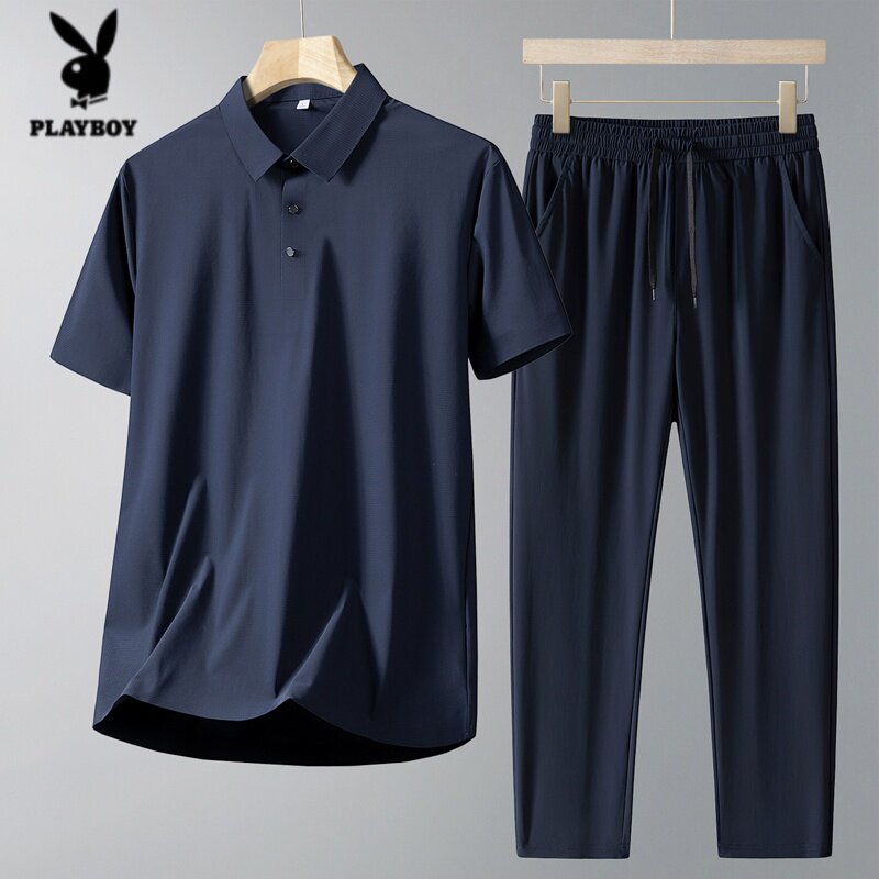 花花公子男士套装夏季短袖POLO衫长裤中年冰丝透气薄款休闲爸爸装