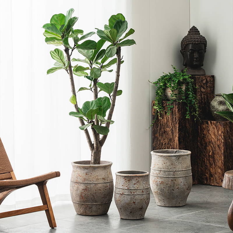 侘寂风水泥花盆大号圆形户外庭院绿植盆栽家用大口径落地复古花器