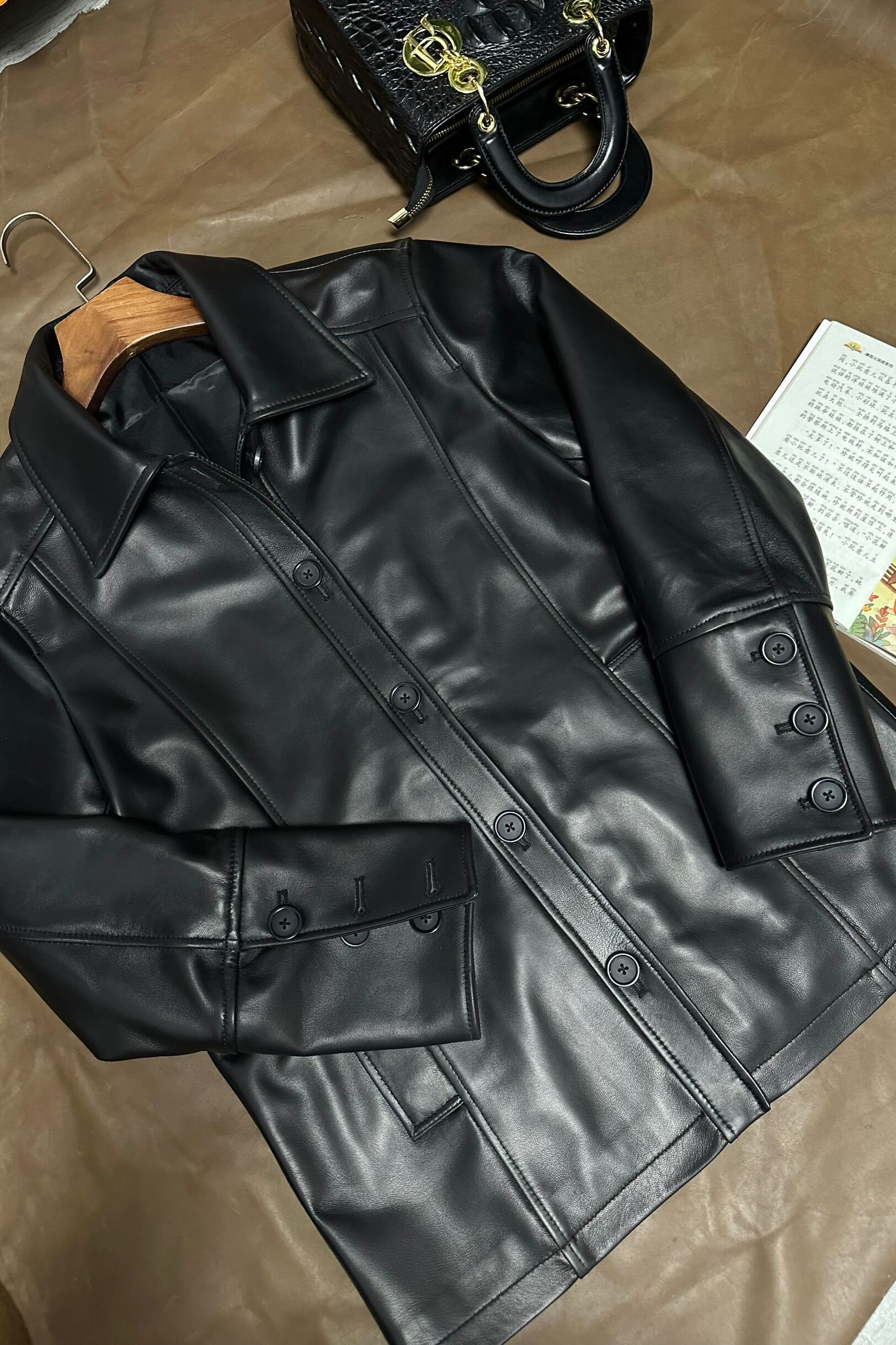 抖音贾玲同款真皮皮衣外套女休闲中长款绵羊皮衬衫翻领皮夹克秋