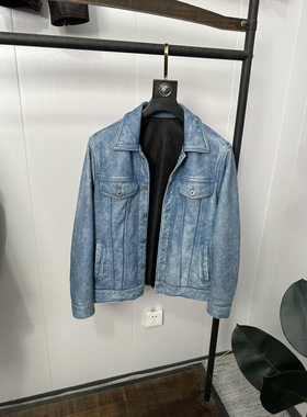 蓝色复古做旧真皮皮衣男头层牛皮经典507工装牛仔纯皮夹克修身