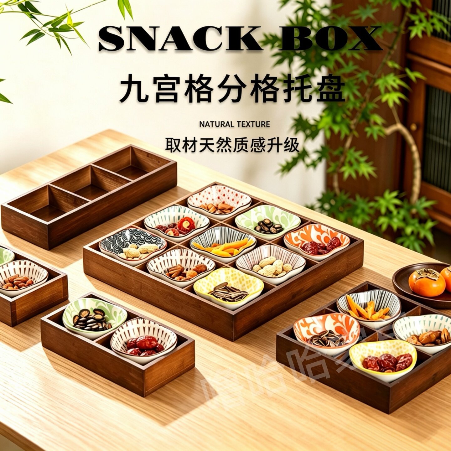 竹木九宫格托盘家用水果拼盘茶点盘围炉煮茶点心干果盘火锅配菜盘