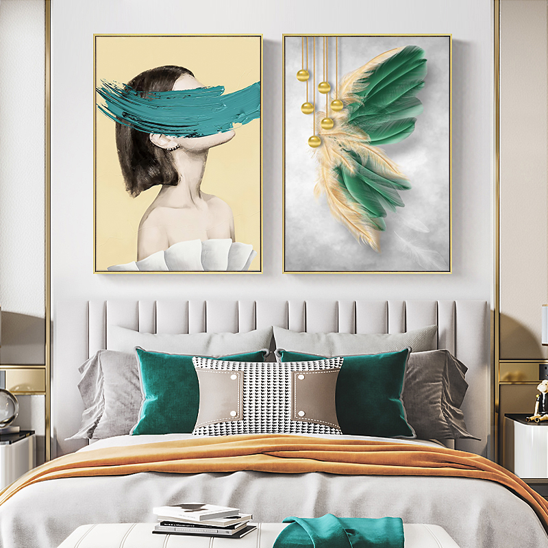 北欧风卧室床头挂画蓝色羽毛现代简约客厅装饰画轻奢人物组合壁画图片