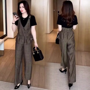 时尚洋气套装女2026夏季新款减龄显瘦假两件短袖上衣阔腿裤两件套