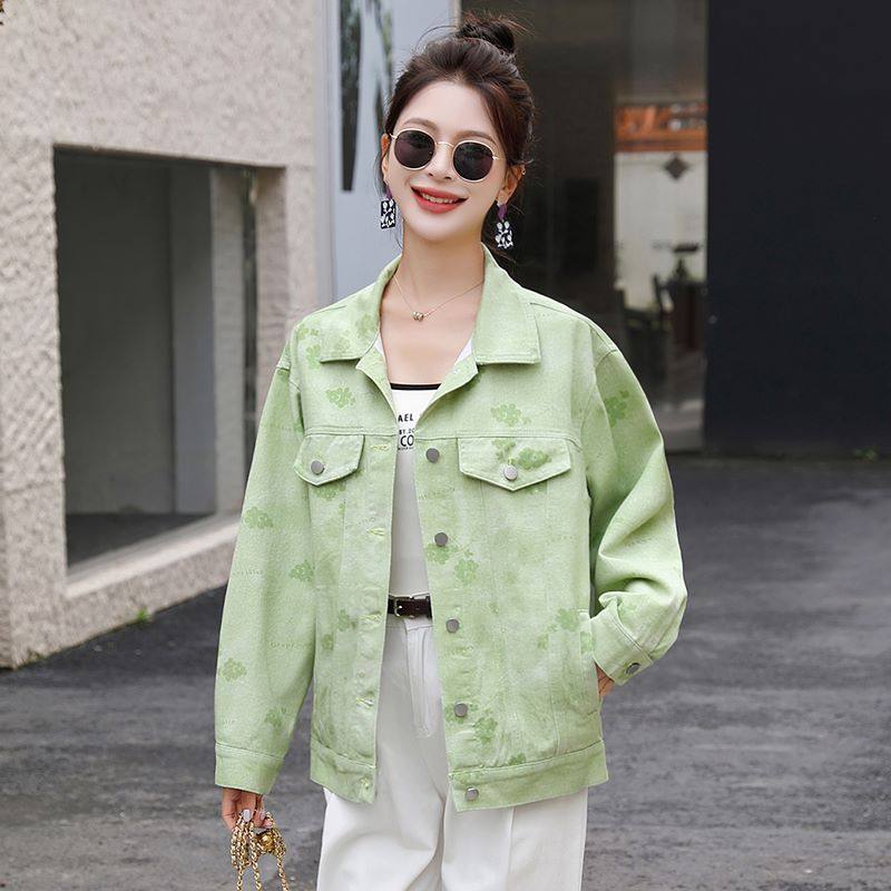 绿色印花牛仔外套女2026新款爆款春秋时尚洋气原宿风休闲宽松夹克