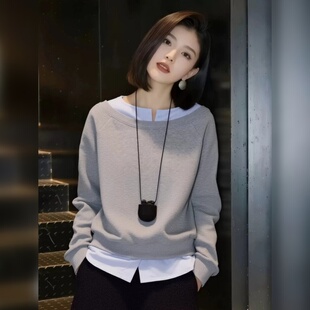 高级感撞色拼接假两件套头卫衣女士2026秋款时尚百搭休闲长袖上衣