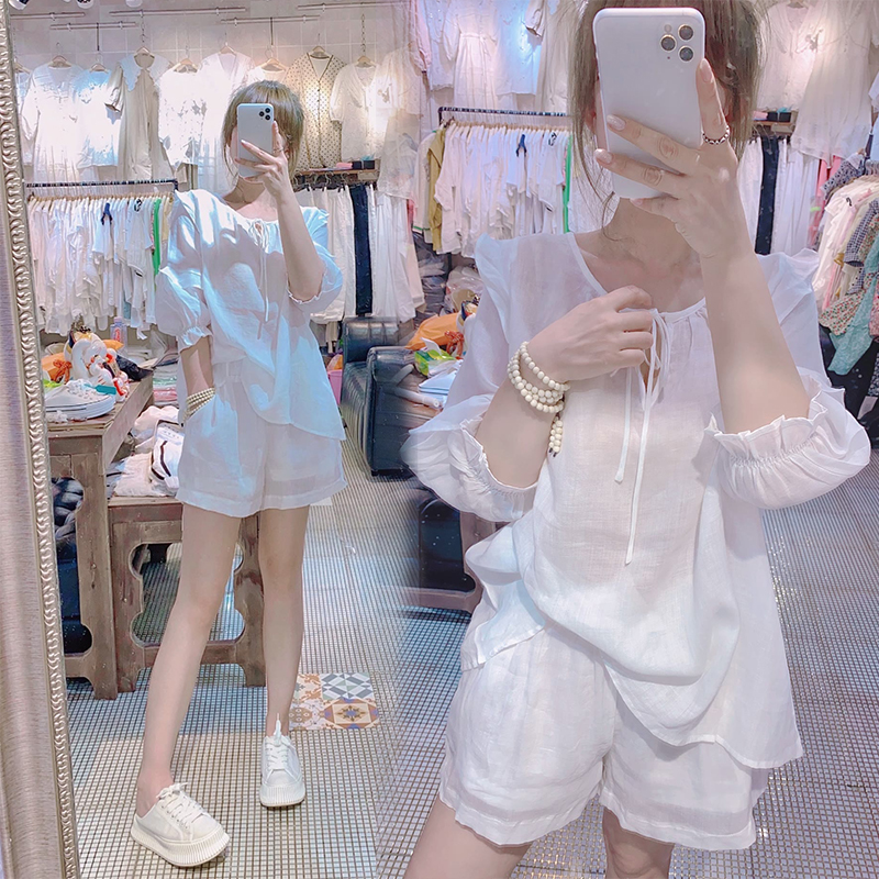 2025夏季新款麻棉时尚网红同款白色7分袖上衣阔腿短裤两件套装女