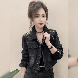 港风复古翻领牛仔外套女春秋2026新款夹克提花高腰短款长袖上衣女