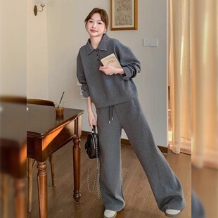 韩系chic灰色休闲运动套装女2026春季新款时尚卫衣阔腿长裤两件套