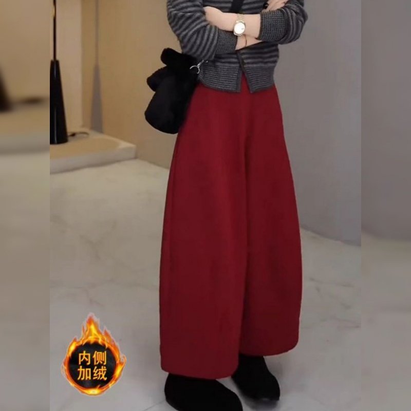 复古红羊毛阔腿裤女2025年新款高腰显瘦秋冬保暖弯刀直筒糯米裤子,女装/女士精品,休闲裤,淘宝优惠券,粉丝福利购,淘宝优惠卷
