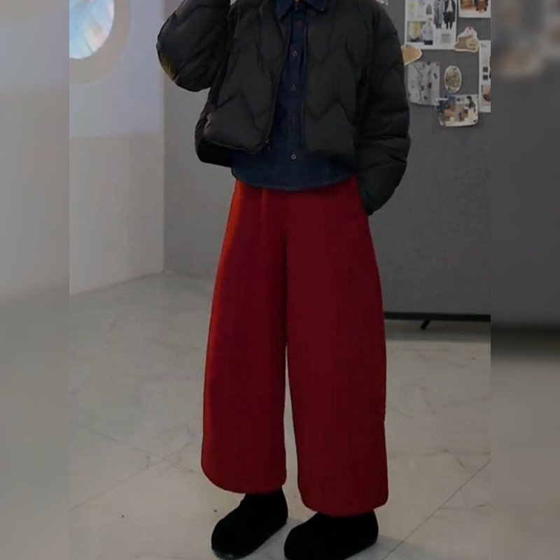 红色大码时尚加绒弯刀裤女秋冬2025新款高腰保暖直筒裤阔腿九分裤,女装/女士精品,休闲裤,淘宝优惠券,粉丝福利购,淘宝优惠卷