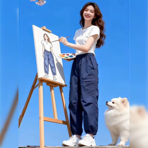 大码胖mm遮胯显瘦松紧腰运动裤子