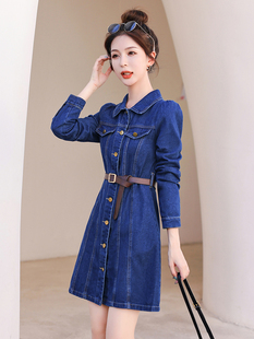 复古收腰牛仔连衣裙2026春季新款气质显瘦高腰长袖a字短款裙子女