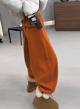 香橙色高腰直筒裤女2026年春秋季新款高级感显瘦抽绳阔腿弯刀裤子