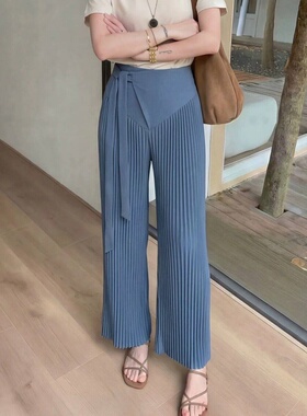 蓝色设计感系带直筒裤女2026年夏季新款高腰显瘦百搭休闲阔腿长裤