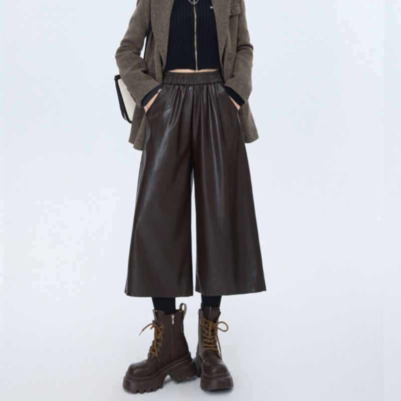 小个子高腰复古咖色直筒八分裤子