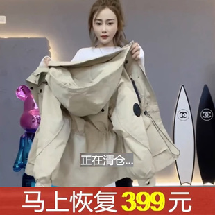 外贸意大利原单出口剪标冲锋衣外套女中长款工装收腰夹棉风衣棉服