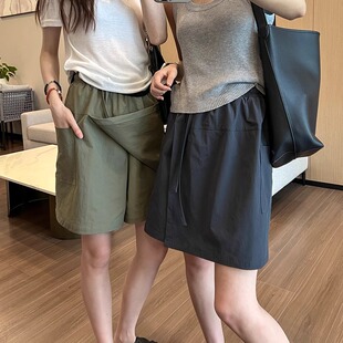 军绿色山本工装裙裤女春夏季新款大码胖mm高腰遮胯显瘦a字五分裤