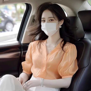 橘黄色泡泡袖衬衫2026新款女装夏季短袖今年流行漂亮欧货小衫爆款