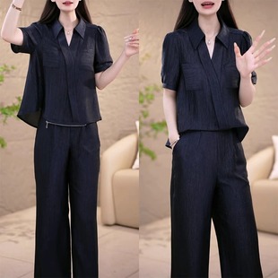 时尚连体裤套装女2026夏季新款洋气显瘦冰丝短袖阔腿裤休闲两件套