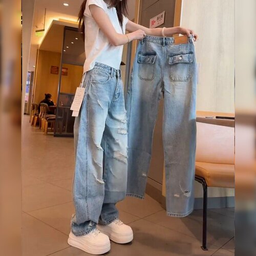 大码胖mm显瘦宽松美式直筒裤子-