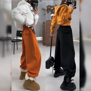 设计感高腰显瘦加绒加厚阔腿裤 橙色韩式 女2025冬季 百搭弯刀裤 时尚