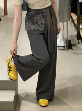 灰色假两件蕾丝拼接微喇西装裤女2026年夏季新款轻奢显瘦阔腿裤子