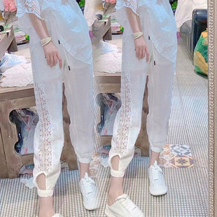 2026夏季新款欧货拼接蕾丝花边休闲裤女洋气裤脚漏洞卫裤束脚裤潮