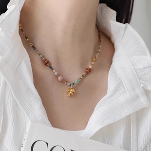 钛钢项链 复古法式多巴胺彩色串珠小象吊坠项链轻奢气质锁骨链女