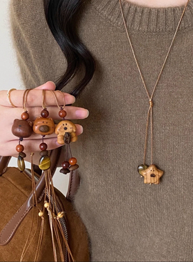 可爱萌物虎眼石木质小熊项链