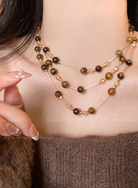 美拉德虎眼石串珠双层叠戴项链
