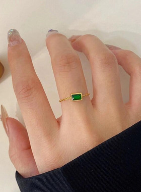 轻奢小众复古绿钻戒指抽拉式链条可调节大小时尚高级感饰品食指戒
