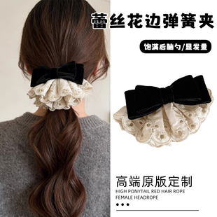 复古高级感红色丝绒蝴蝶结弹簧夹蕾丝裙摆发饰女2026新款半扎发夹