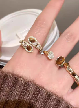 新中式蛇形虎眼石开口戒指女独特设计感复古食指戒高级感轻奢指环