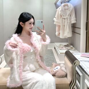 法兰绒纯色睡衣女士加厚保暖吊带厚绒珊瑚绒家居服套装 韩版 冬季