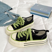 超火港风休闲小黑板鞋 黑绿厚底帆布鞋 女百搭小众轻便chic百搭爆款
