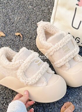 魔术贴松糕厚底加绒棉鞋子女2025冬季新款小众设计保暖休闲面包鞋