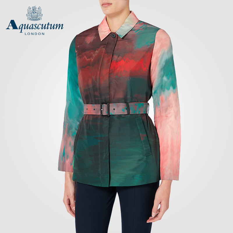 Aquascutum/雅格狮丹花色短风衣印花束腰衬衣 春秋款花夹克外套