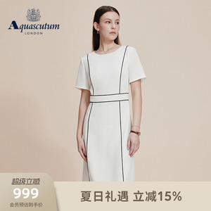 Aquascutum/雅格狮丹春夏新品女收腰修身优雅白色短袖连衣裙气质