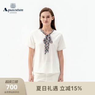 Aquascutum/雅格狮丹2026春夏新品女精致优雅格纹丝带V领纯棉T恤