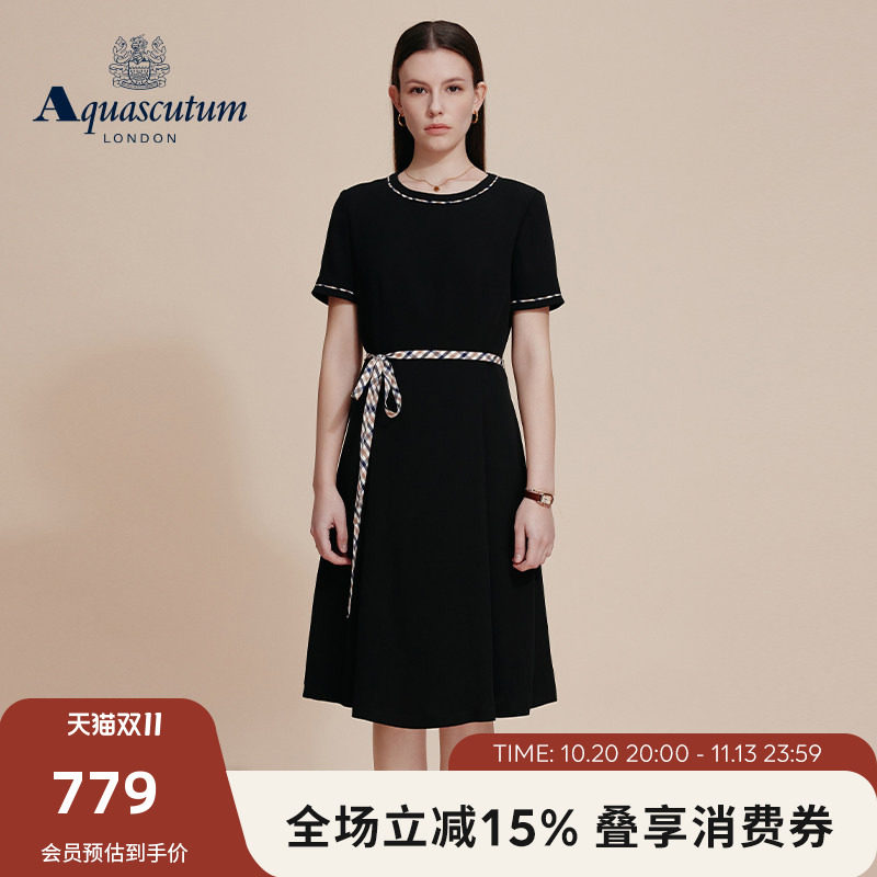 Aquascutum/雅格狮丹春夏新品女士休闲收腰系带中长款连衣裙气质