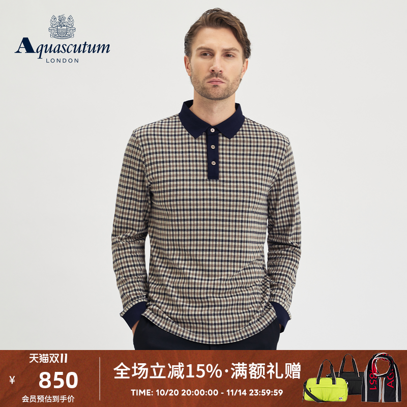 Aquascutum/雅格狮丹2025秋冬新品男士商务翻领T恤格纹长袖POLO衫