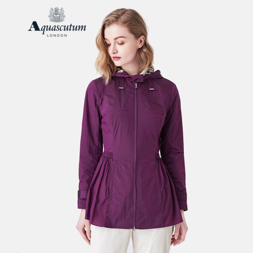 Aquascutum/雅格狮丹女连帽收腰休闲风衣外套