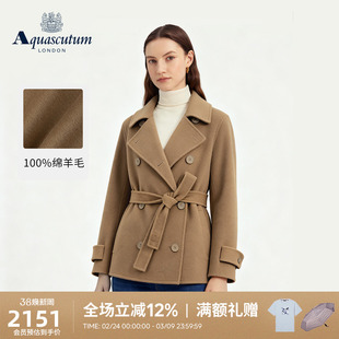 Aquascutum/雅格狮丹秋冬新女短款绵羊毛大衣双排扣毛呢外套气质